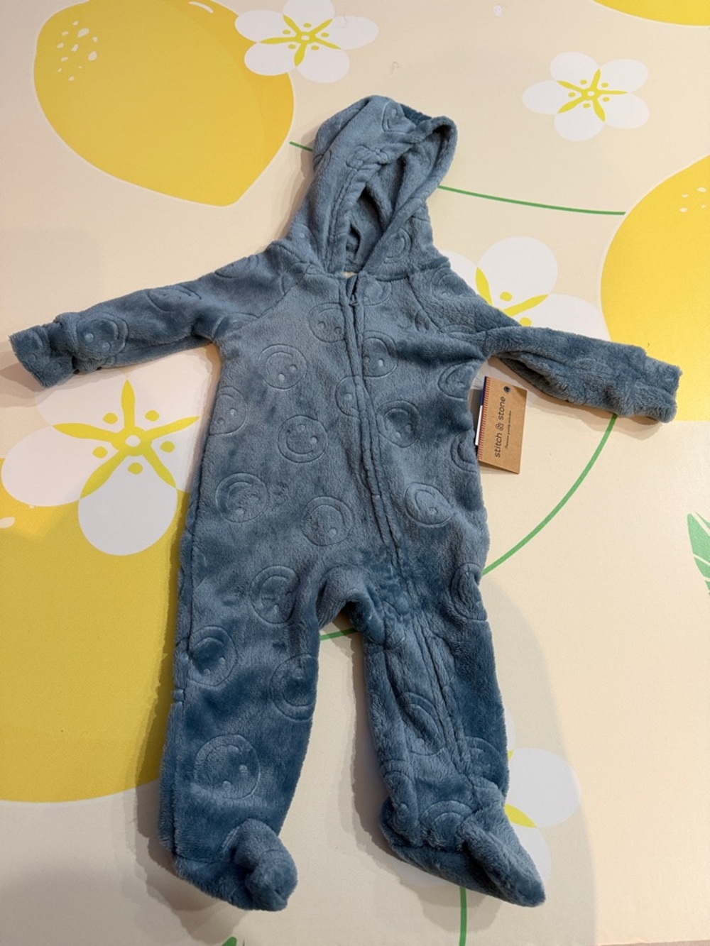 Cozy Hooded Baby Footie in Dusty Blue with Smiley Emboss
